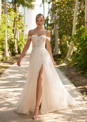 Off Shoulder Beaded Ivory Lace Tulle Slit Flowing Wedding Dress